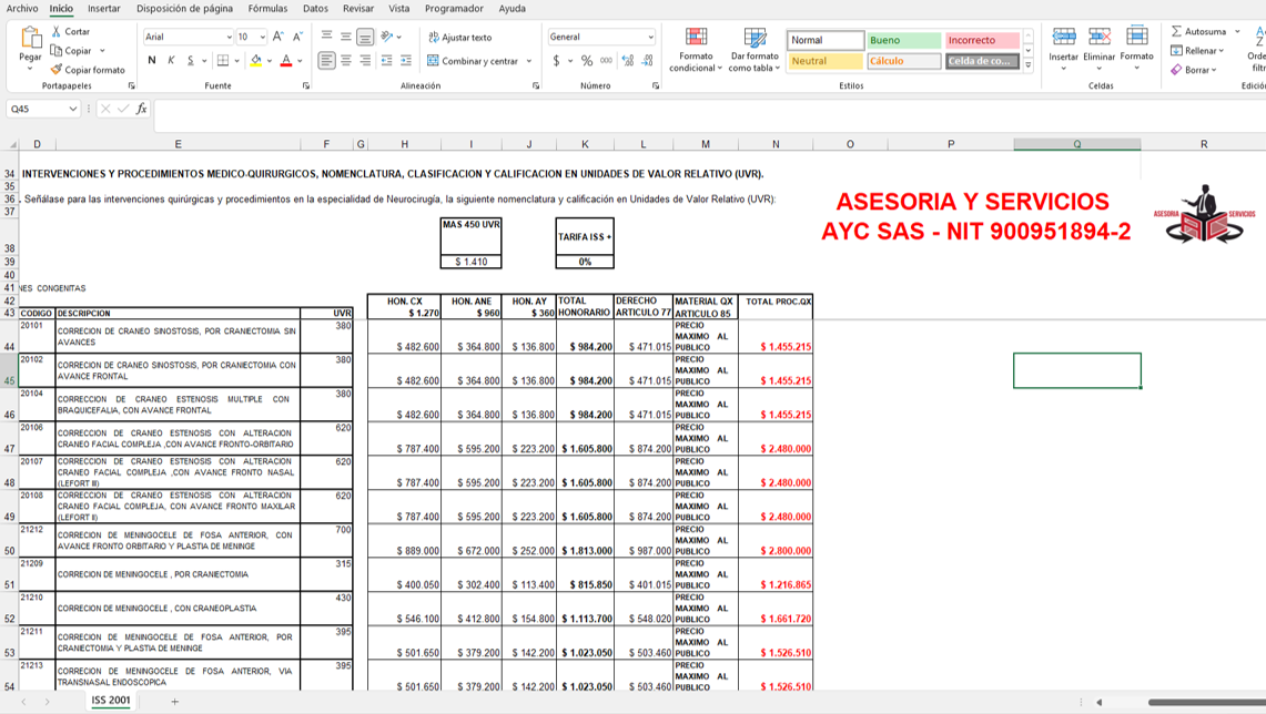 Manual ISS 2001 en Excel con cirugías liquidadas y porcentaje modificable